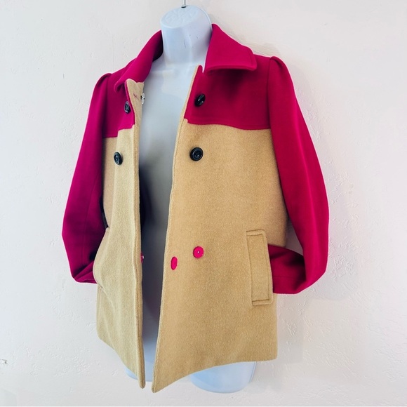THE CUE by Cher Qu Color Block Pea Coat Size XS 100% Cashmere Wool Magenta Tan - Picture 6 of 12